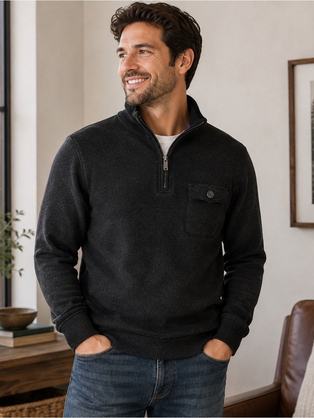Ted Baker Men’s Quarter Zip Sweater XL Size 5 Black Merino Blend Knit Pu